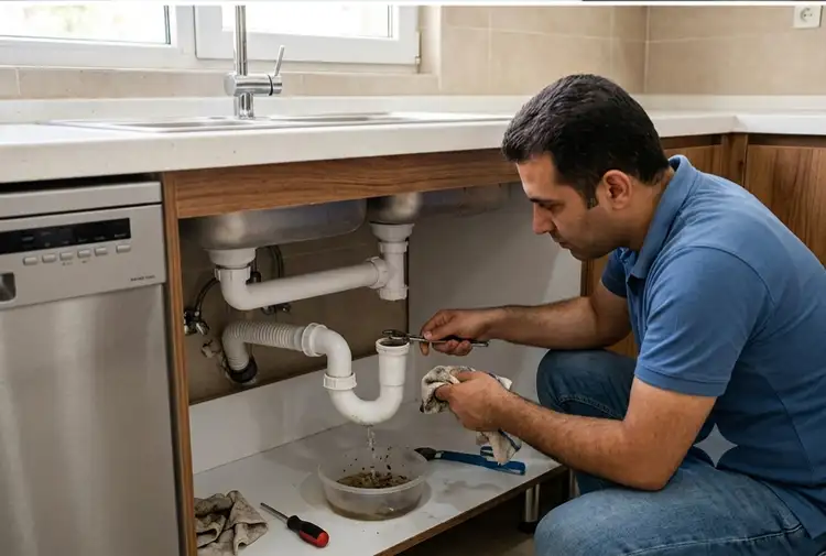 آموزش تصویری باز کردن اتصالات سیفون سینک ظرفشویی برای رفع گرفتگی سینک ظرفشویی